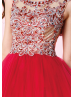 Red Tulle Beaded Scoop Neckline Sheer Back Knee Length Prom Dress